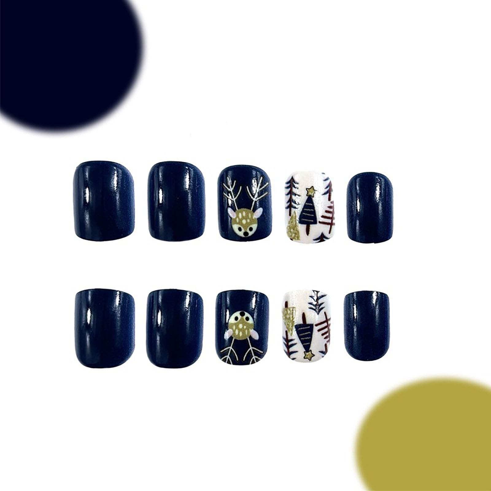 CHAONENG Milu Deer Christmas Press On Nails Short Square Blue 24Pcs