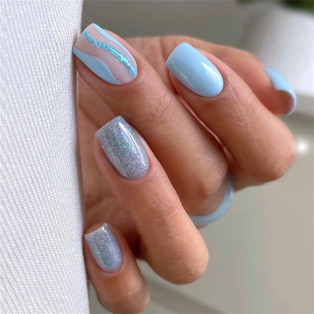 Light Blue Waves False Nail Medium Square Press on Nails for Nail Art 24pcs