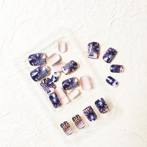 24Pcs 4th of July Press on Nails,Short Square Fake Nails Red White and Blue A43