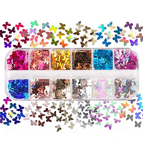 12 Grids Holographic Butterfly Nail Art Glitter Sequins 3D Sparkly Laser