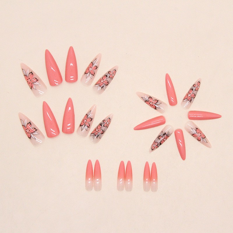 48Pcs-Long Almond Coral Pink Gradient Floral Gold Bead Press on Nails Set