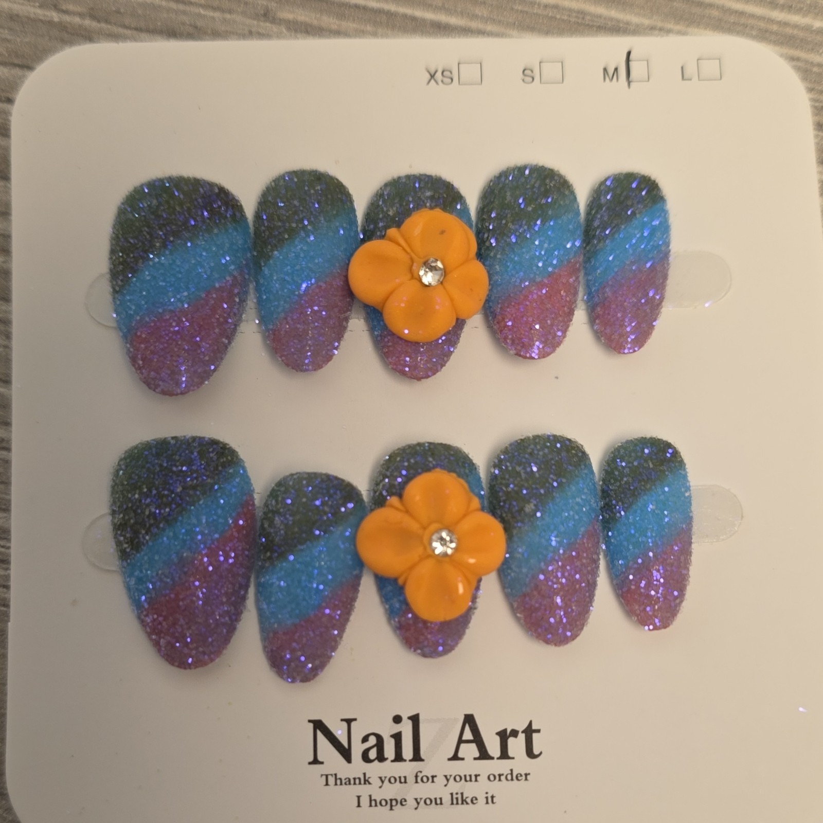 Nail Art Glitter Sugar Nails Flower 3D Medium Almond Press-On Set Full Cover