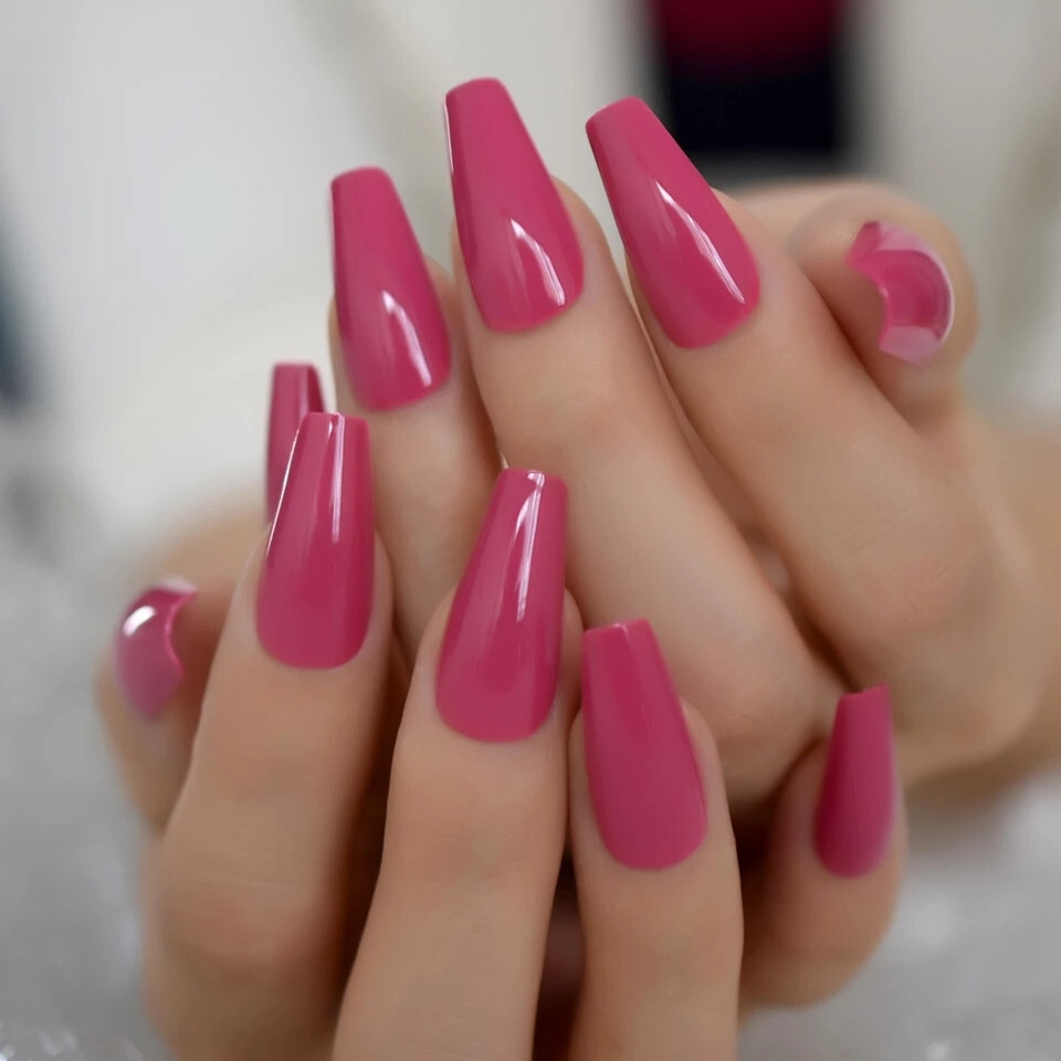 24 Press on nails kit w glue Long Rose Pink dark