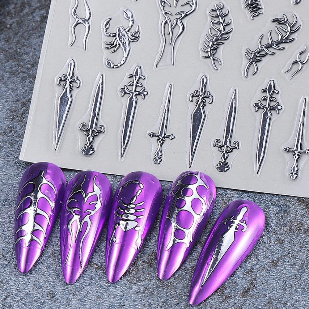 4 Sheets Goth Nail Stickers for Nail Art 3D Punk Style Black Belt Nail Art St…