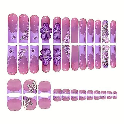 Long Press on Nails Square + Press on Toenail Purple French Tip Fake Style23