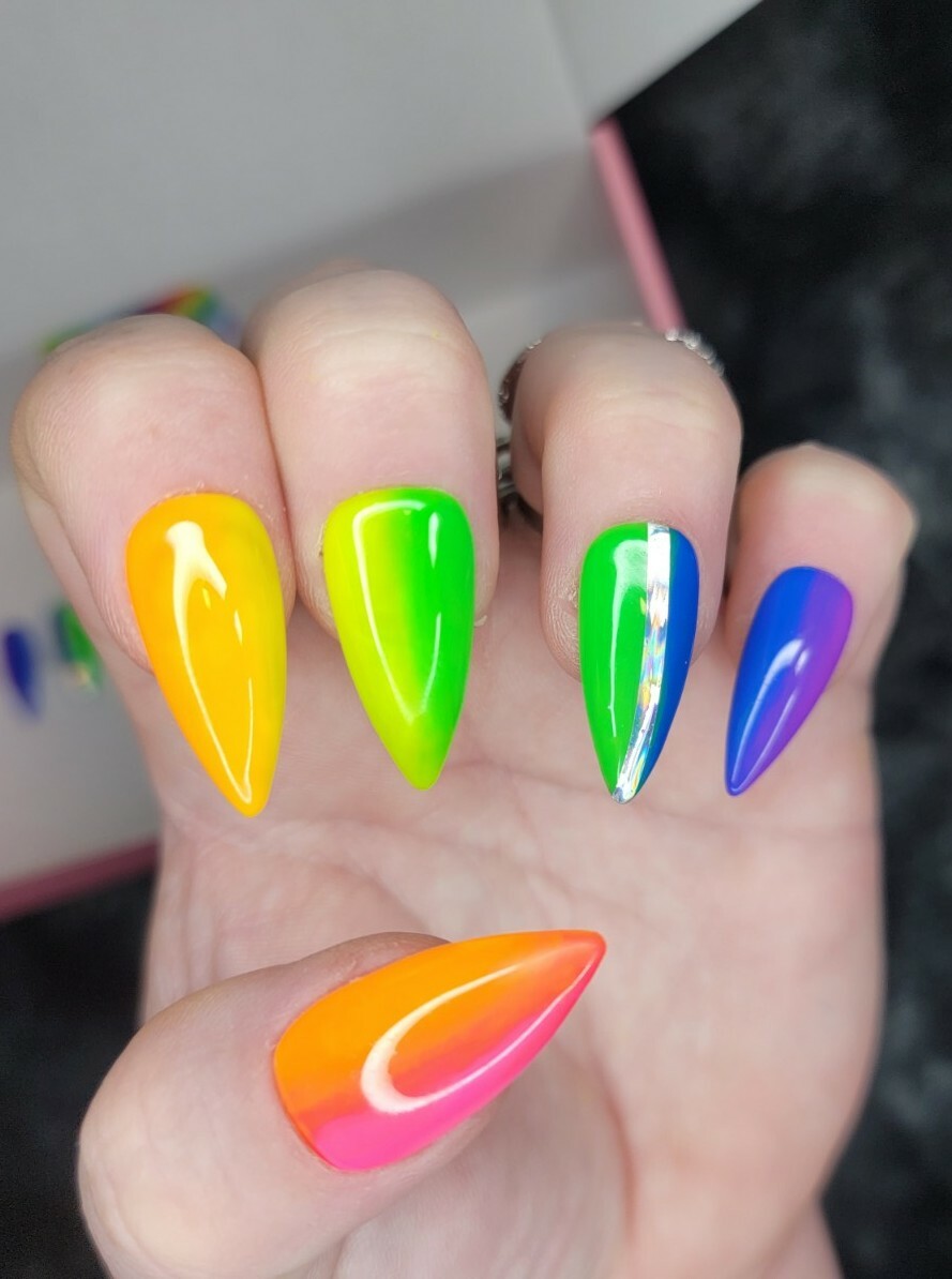 Neon Rainbow ombre nails bling medium stiletto PRESS ON NAILS pride summer nail