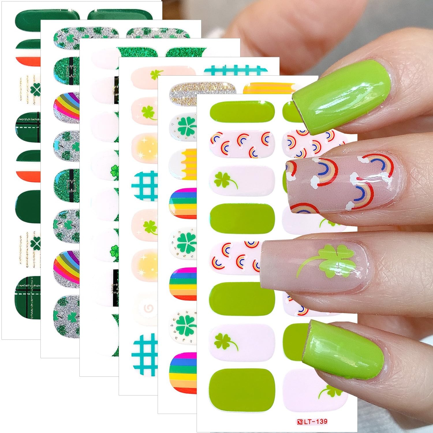 6 Sheets St. Patrick’s Day Gel Nail Stickers 3D Self-Adhesive Shamrock Nail P…