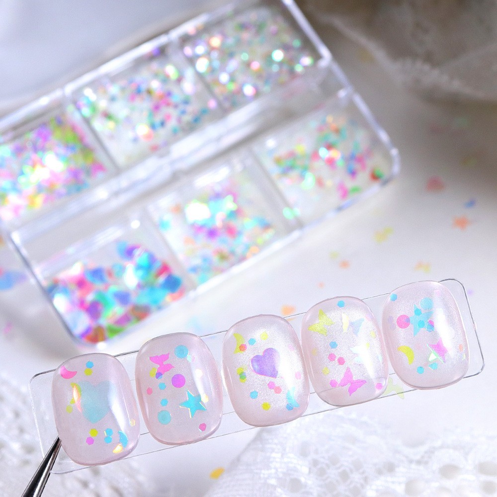 6 Grids Nail Art Glitter Sequins Star Moon Heart Butterfly DIY Nails Decoration