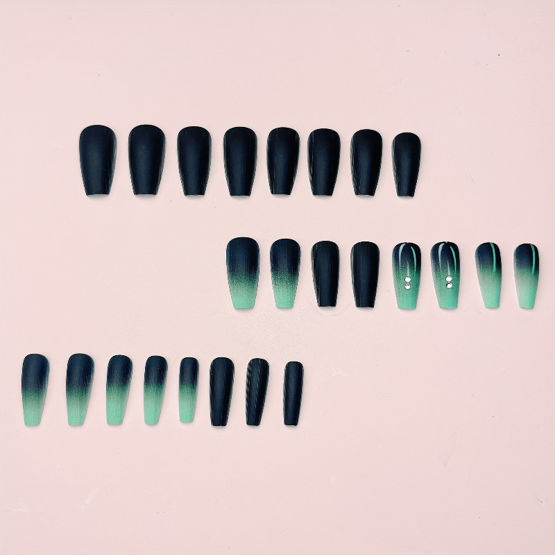 48P Long Coffin Press on Nails, Black Mint Green Gradient Luxury Fake Nails