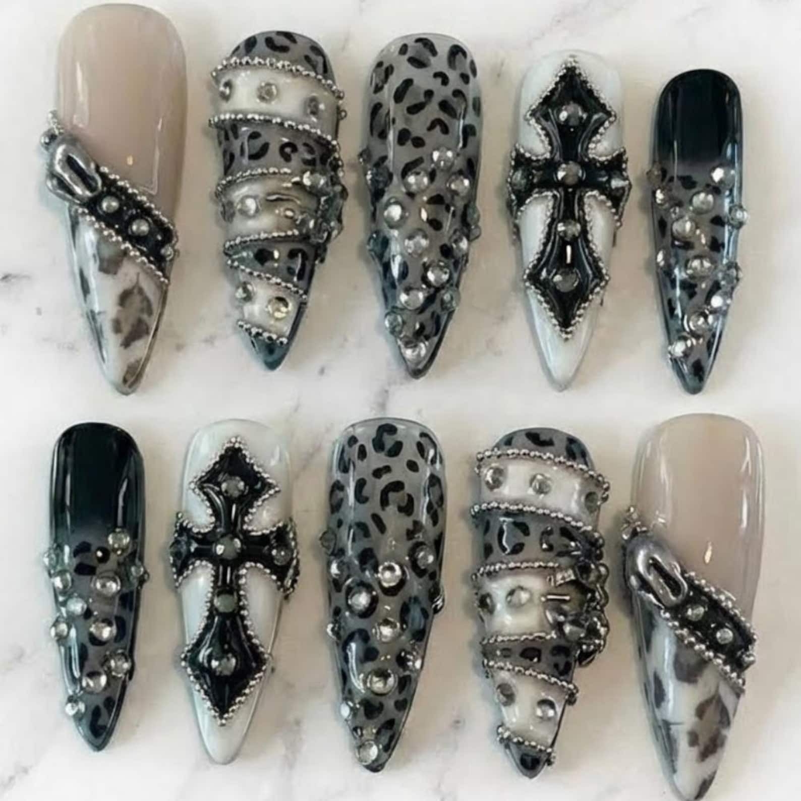 Handmade Black Leopard Cross Chain Rhinestone Long Stiletto Press on Nails