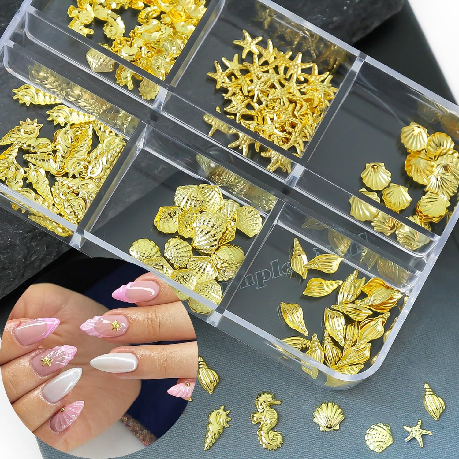 6 Grids Beach Nail Charms Gold Conch Shell Nail Rhinestones 3D Conch Seahorse…