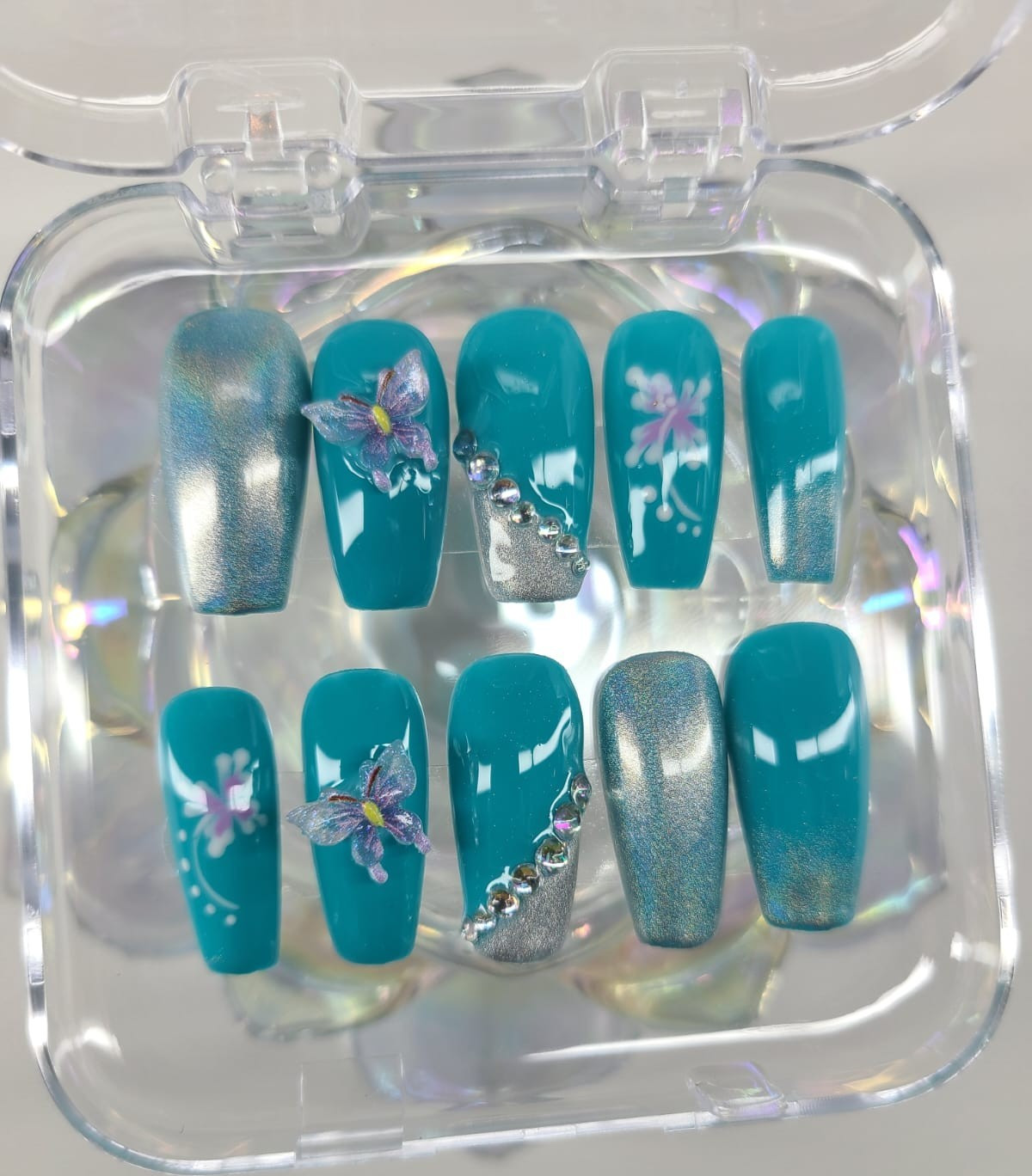 Teal & Silver Shiny Floral Coffin Press-On Nails, Medium Full Cover Set