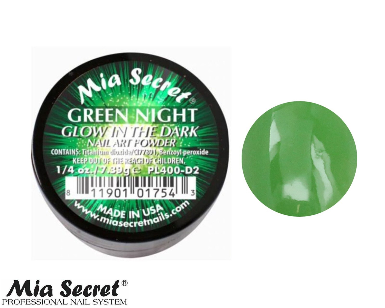 MIA SECRET Nail Art Powder 1/4oz-Green Night (GLOW IN THE DARK COLLECTION)