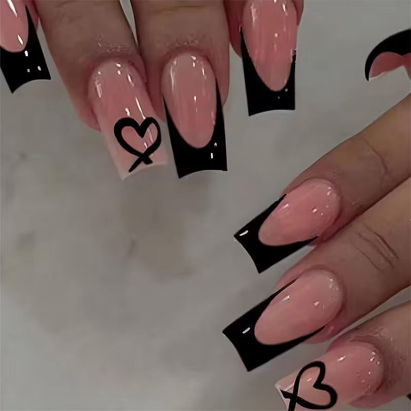 Black French Tip With Heart Design Reusable Press-On Nails Medium Length 24 Pcs