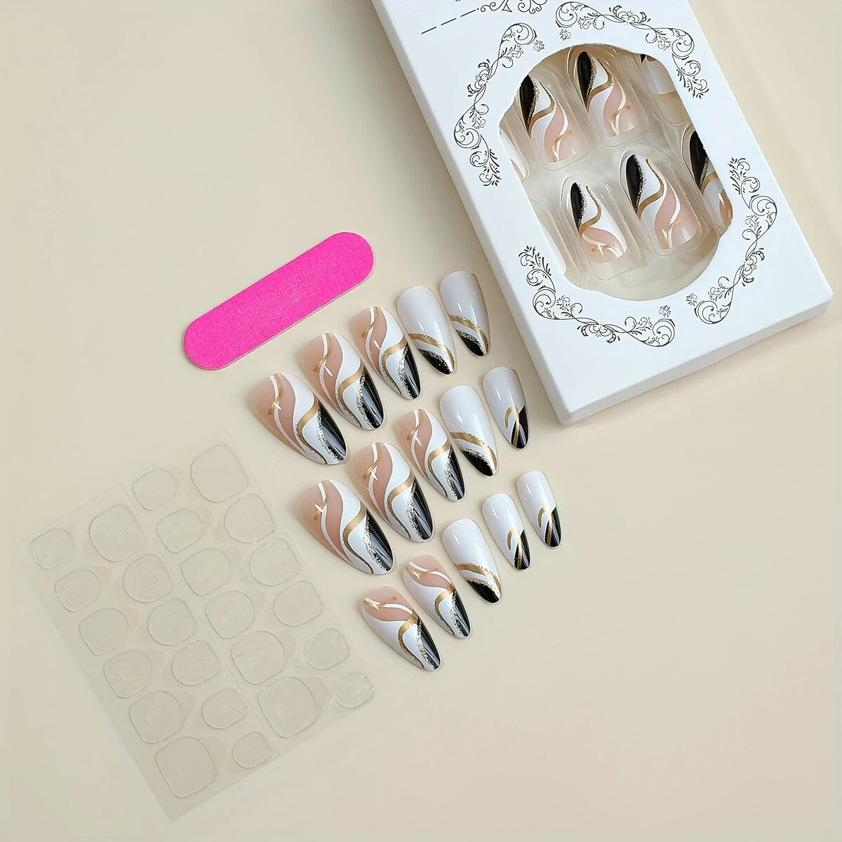 24 PCS Press-On Nails – Almond Shaped, Medium Length with Glossy Finish