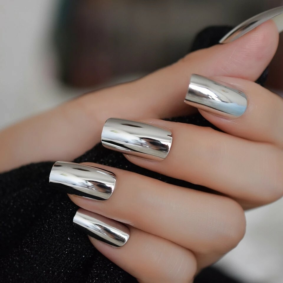 24 Silver Chrome Press On Nails Mirror metallic GLUE ON kit medium square