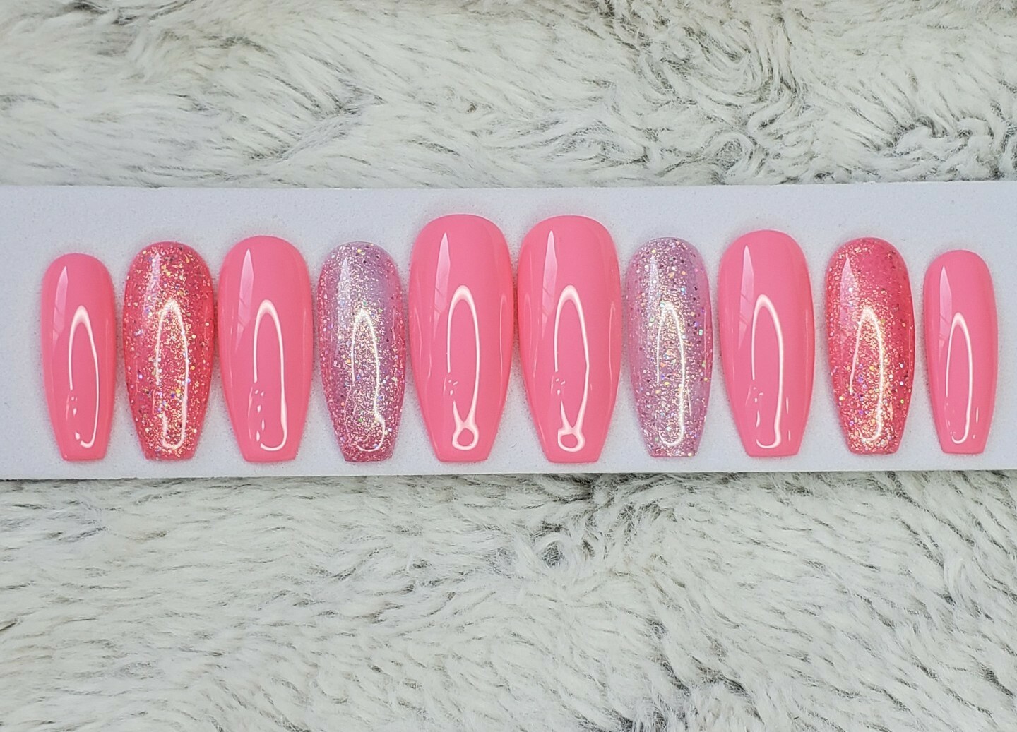 Bright barbie pink Nails Long coffin neon glitter press on nails baby gender set