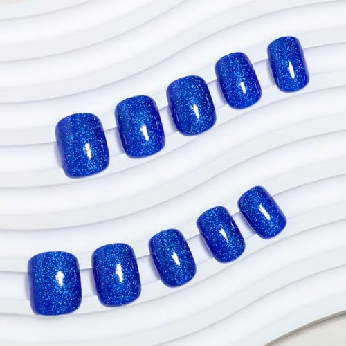 Royal Blue Press on Nails – Glitter Short Square Fake Nails – False Style5