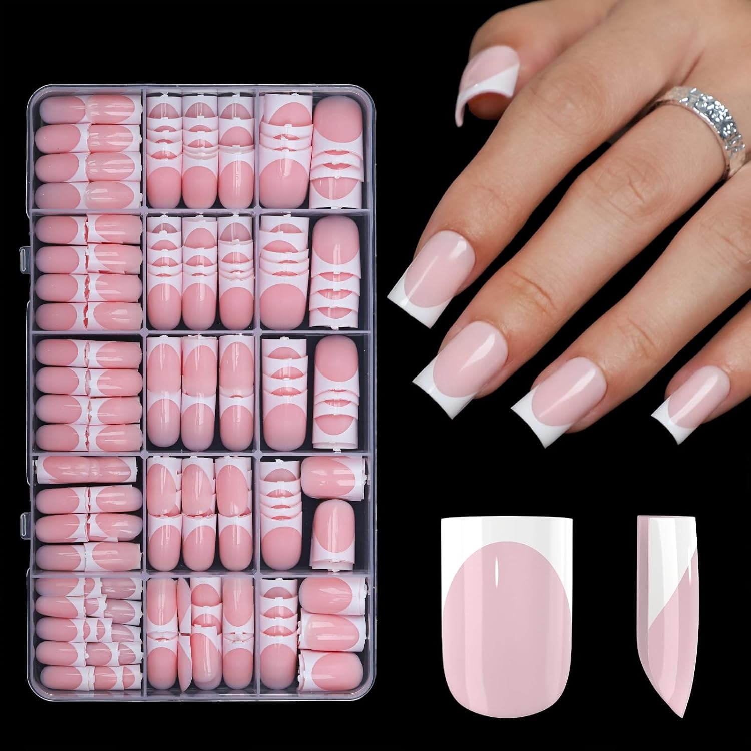300Pcs Sharp Square French Tip Press On Nails Gel Nail Tips Short,No File Need