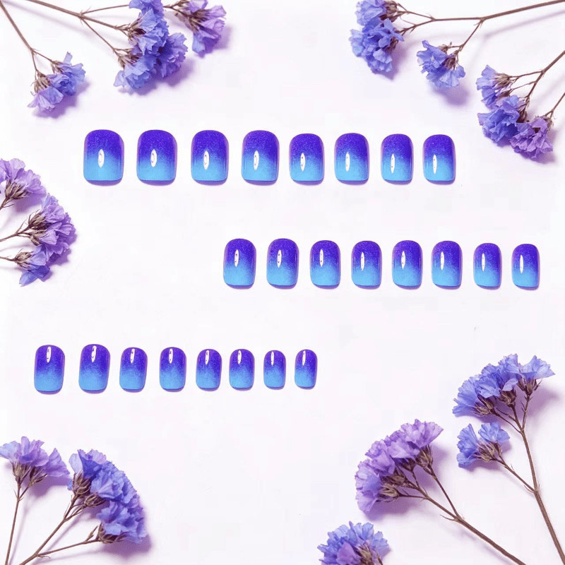 48Pcs-Mermaid Purple Cyan Ombre Sparkly Short Square Press on Nails Set
