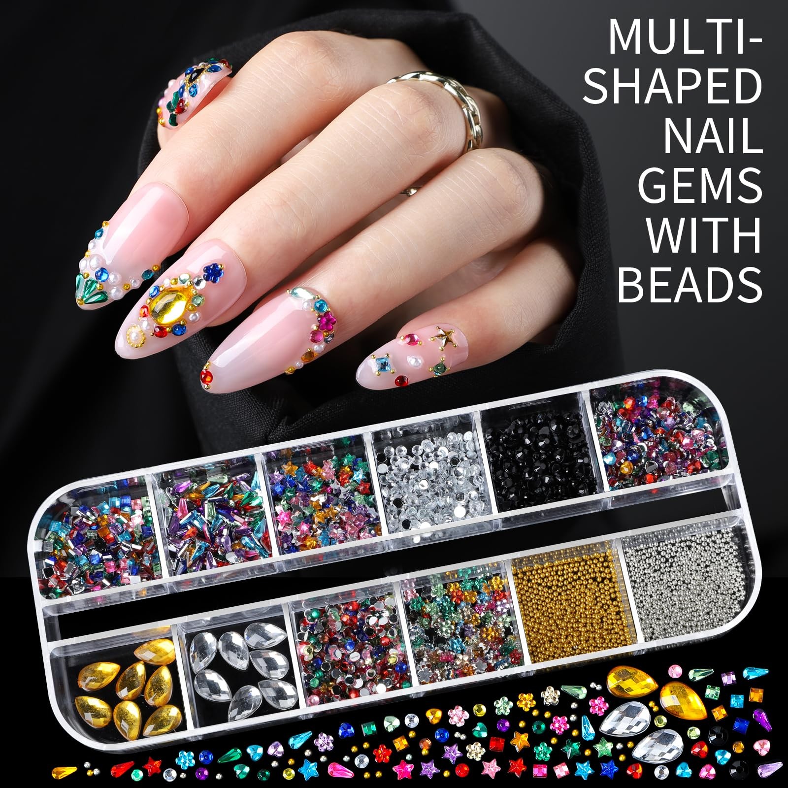 Nail Charms Nail Gems with 15 Sheets Gold Nail Stickers, 6 Boxes of Rhineston…