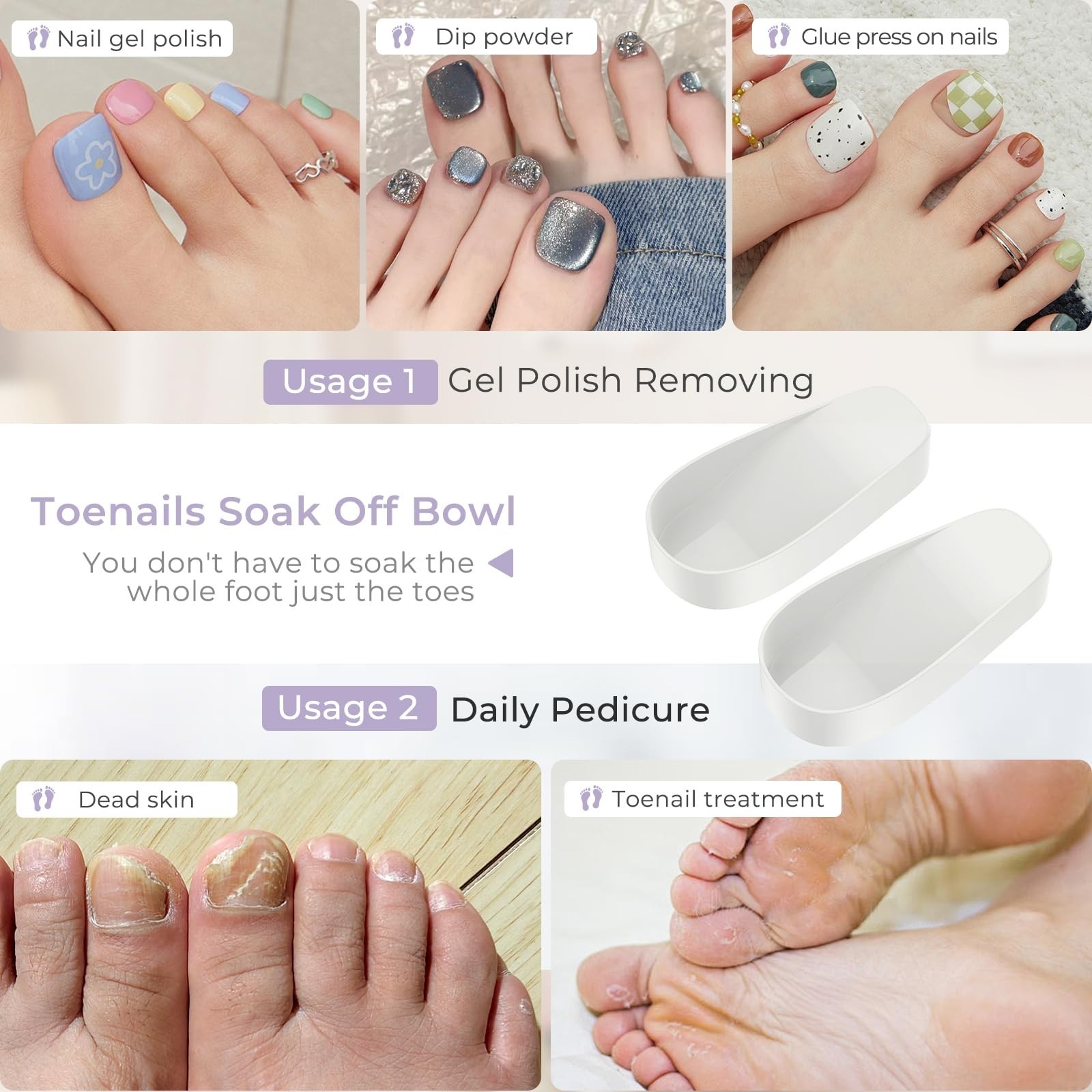 Toe Nail Soaking Bowl for Gel Polish Removal, Foot Soak Pedicure Tray & Tools
