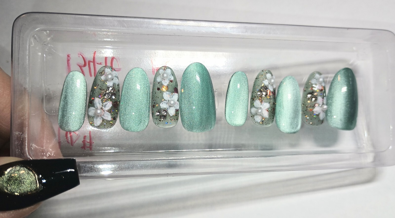 Green Gold Galaxy Cat Eye Press on Nails Handmade Fake Fingernails Gel Polish