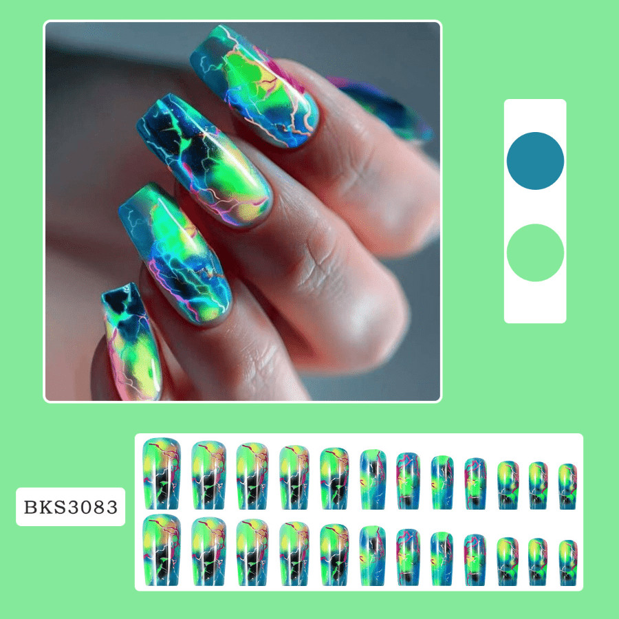 48P Long Coffin Press on Nails Neon Colorful Lightning Trendy Fake Nails