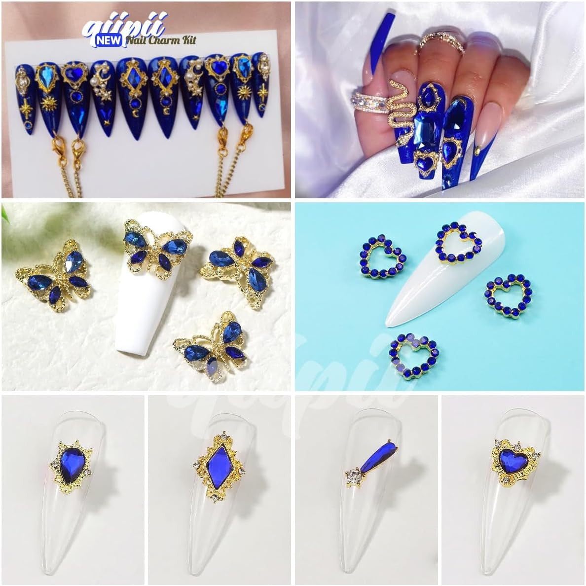 24Pcs Blue Nail Rhinestones Luxury Nail Charms Sapphire Heart Charms for Nails 3