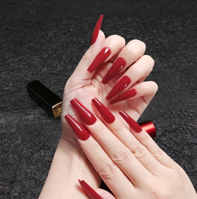 Handmade Press On Nails – Glossy Long Coffin Fake Nails Black Red Blue #B-1169-G