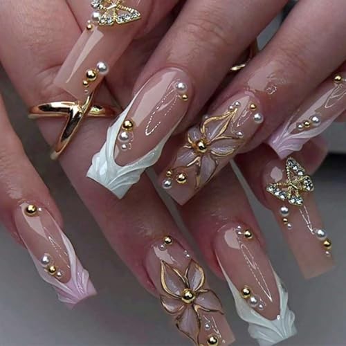 24Pcs Long Square Nude Pink White Nails Press ons Pearl Gold QKS-BT-018-4