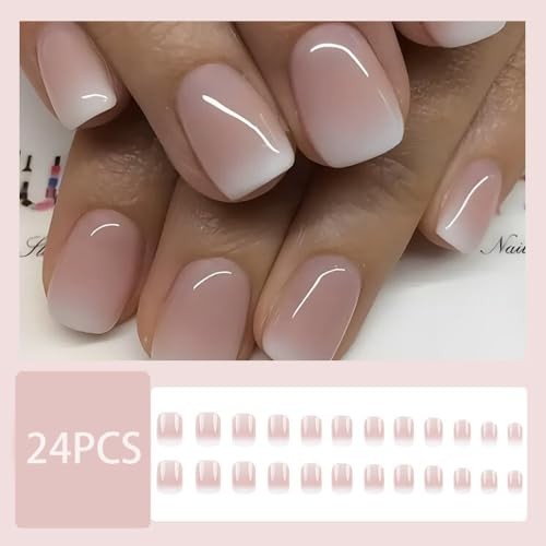 French Tip Press on Nails Short Square Fake Nails Pink White Gradient style1