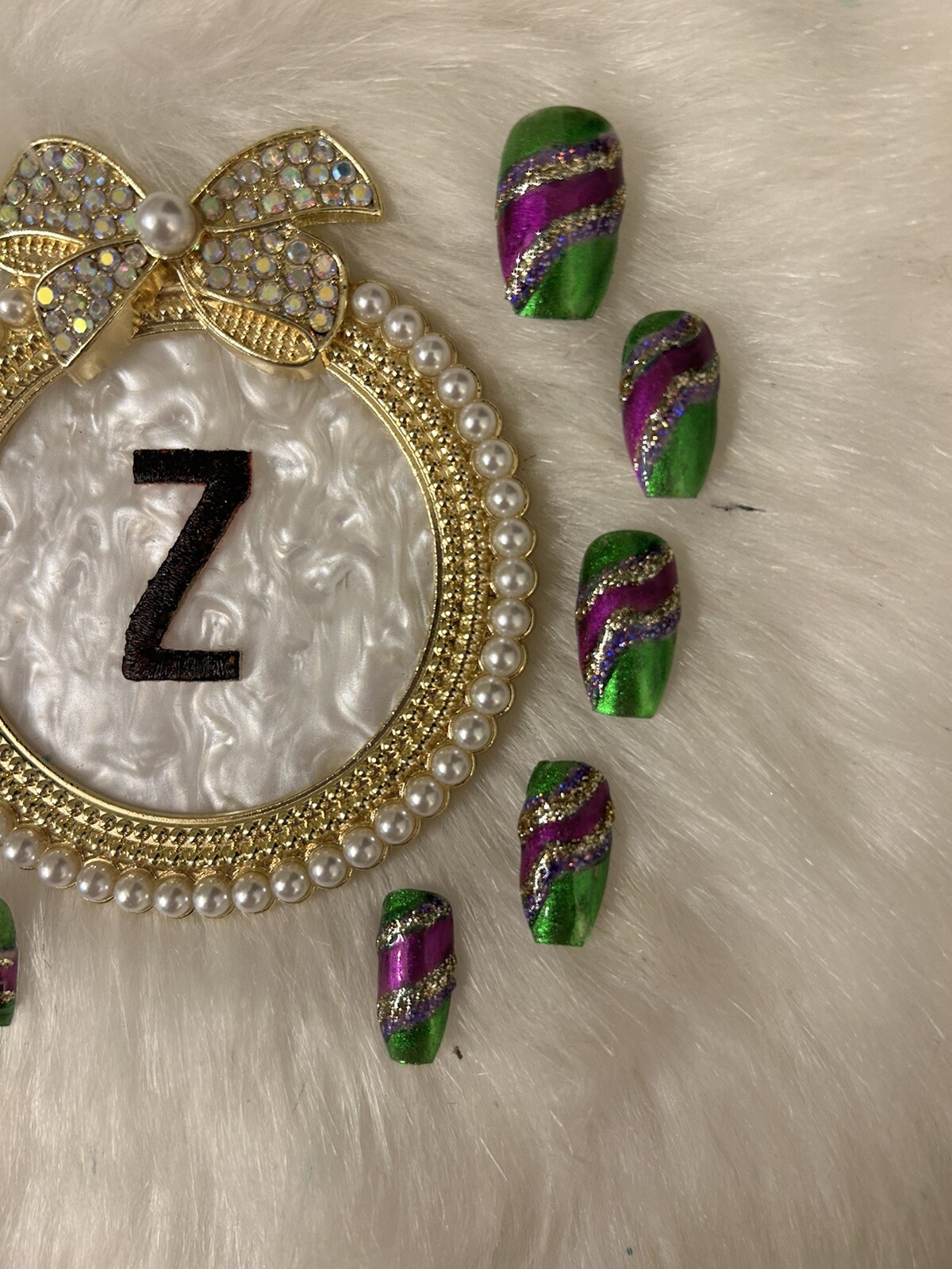 Z NAILZ! Gorgeous Set Of Handmade M Coffin Purple/Green/Gold Press On Nails