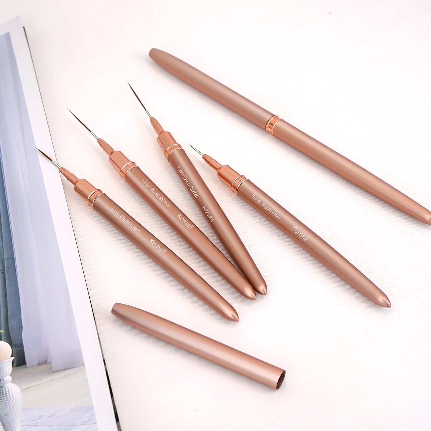 Komall Metallic Nail Art Brushes, 5Pcs Liner Brushes for Nails, Gold | For Long