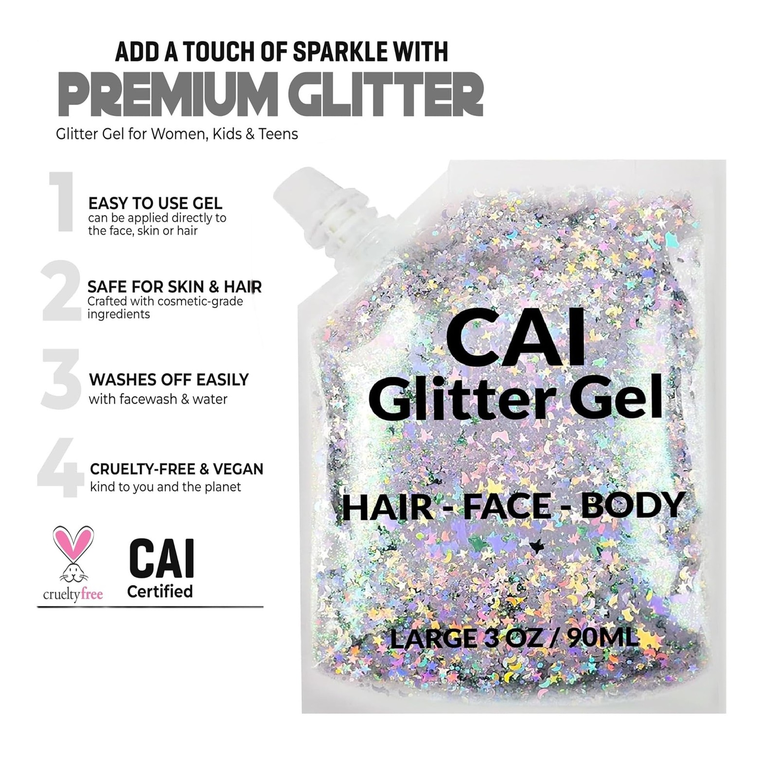 Silver CosmeticGrade Face Body Hair Moon Stars Festival Glitter Gel 3 Oz