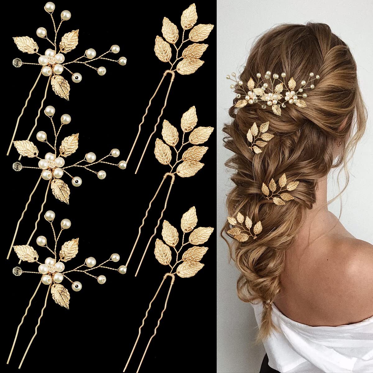 6 Pieces Bridal Wedding Hair Pins Gold Leaf Crystal Pearl