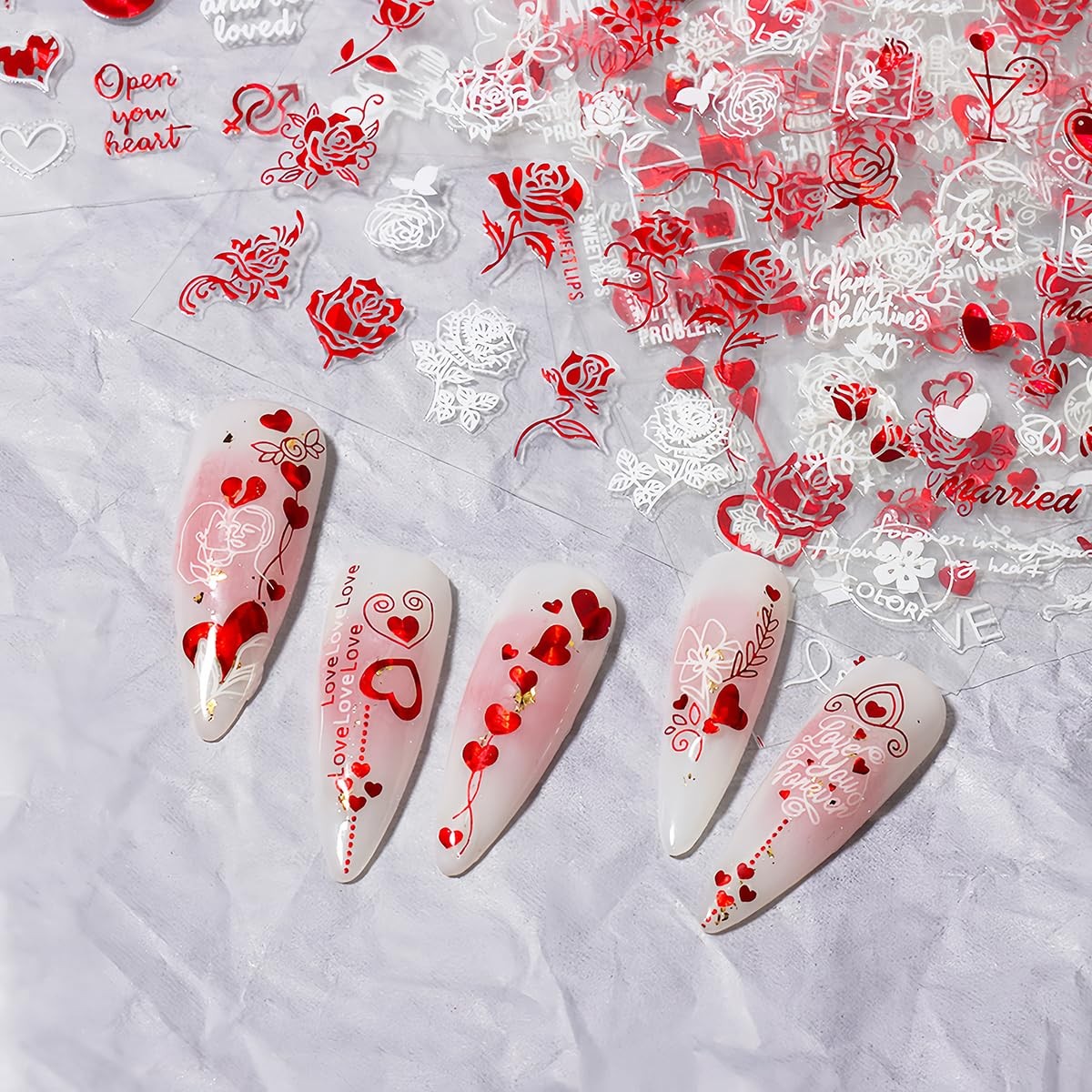Valentine’s Day Nail Art Stickers for Women Girls Red Heart-Shaped 3D Style2