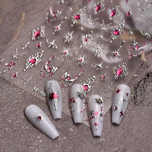 Silver Star Nail Stickers 3D Self-Adhesive Hot Pink Heart Nail Color 029