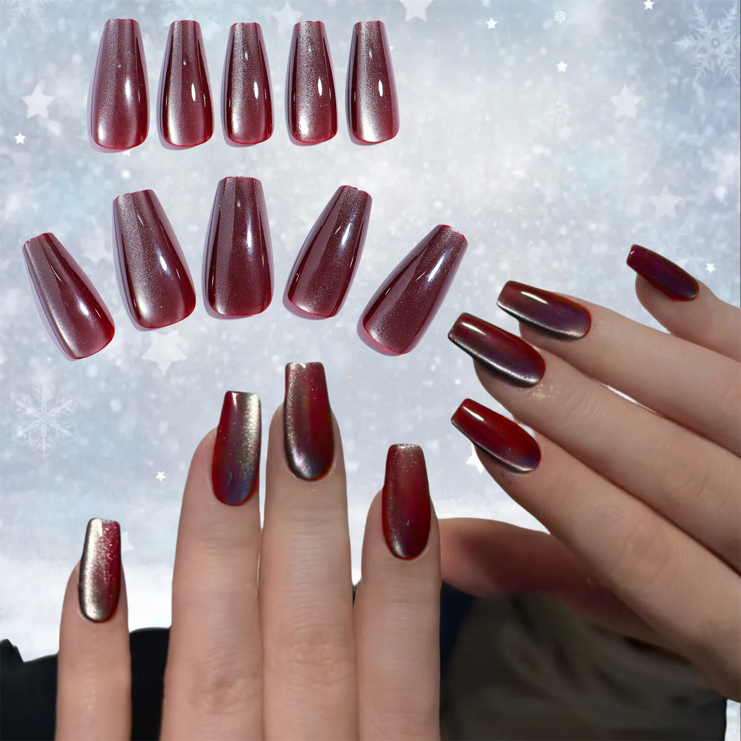 24pcs Wine Red Cat’s Eye Press-On Fake Nail Medium Coffin Sparkling Manicure