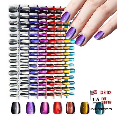 210pcs Cat Eye Press on Nails for Women 7 Colors Short Square Chameleon Series