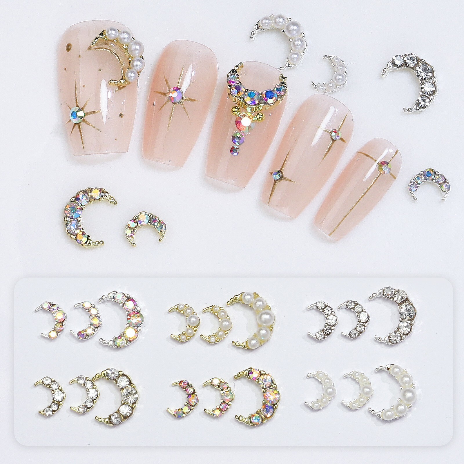 6Grids/Box 18pcs Moon Shape Nail Art Alloy Shiny Rhinestones Nails Decoration