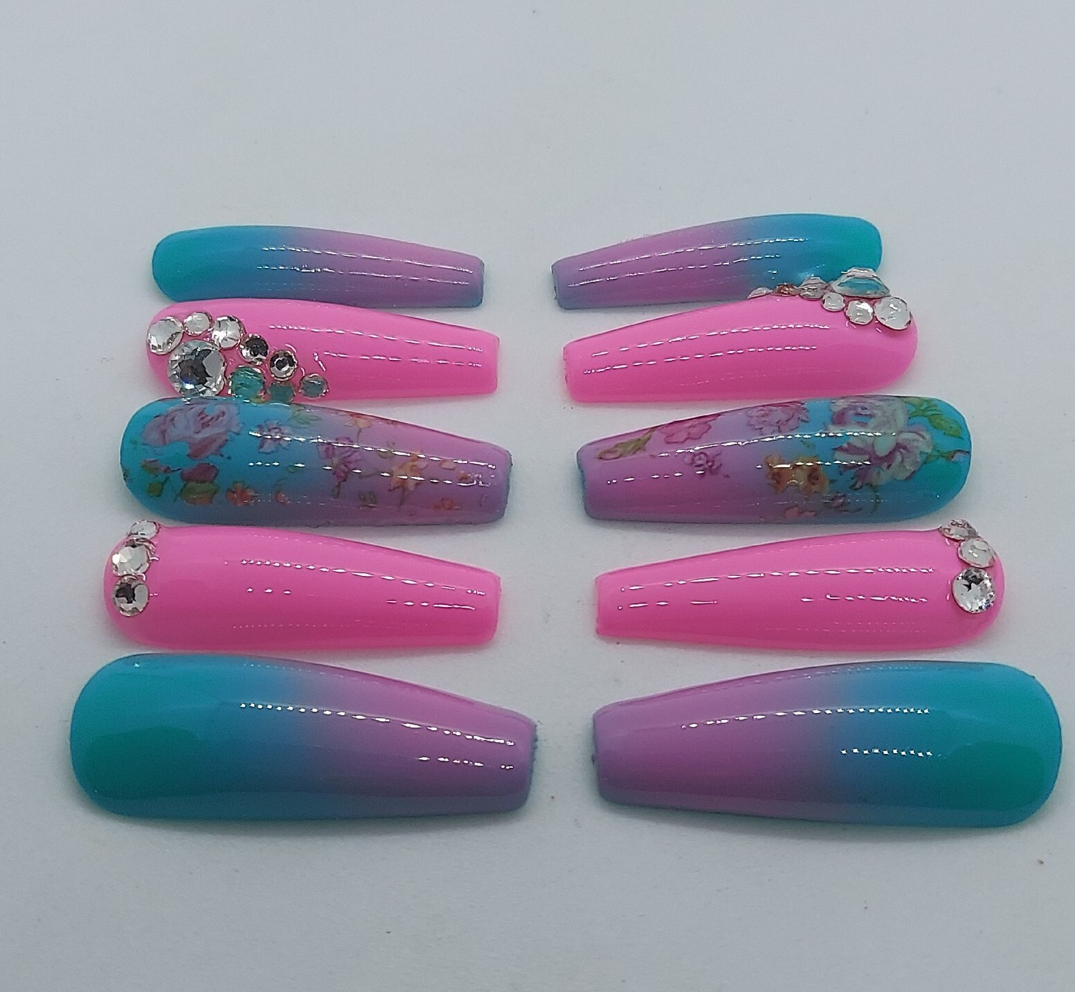 Pink Nails Teal Turquoise Nails Floral Spring Nails Crystals Press on Nails