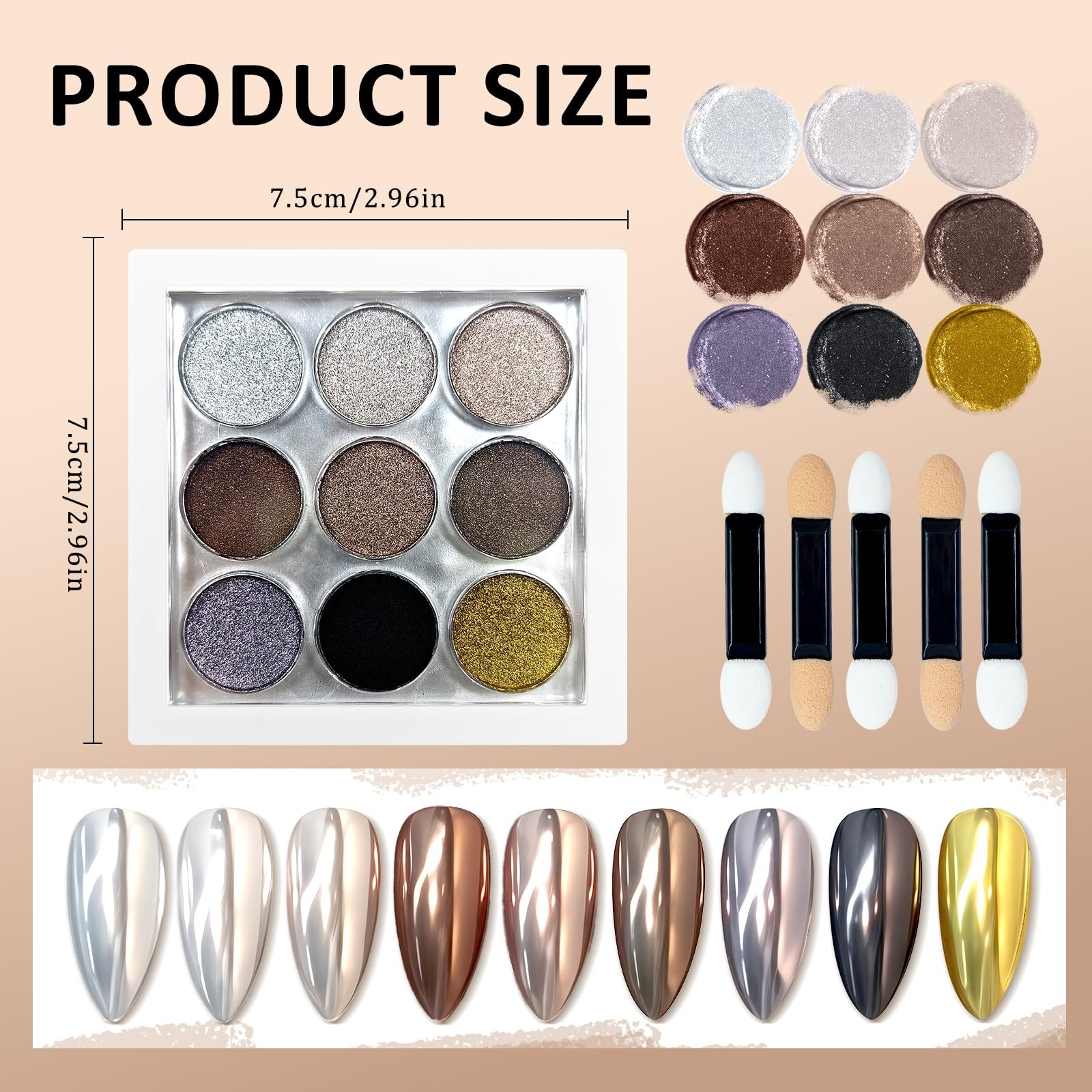 9 Colors Chrome Nail Powder Palette, Black Gold Brown Silver Metallic Mirror …
