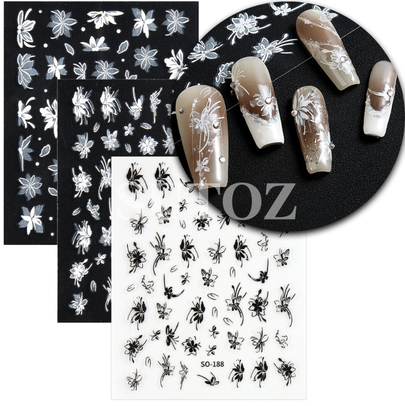 Silver Black 3D Nail Stickers Butterfly Knot Star Flower Transfer Decals NH6