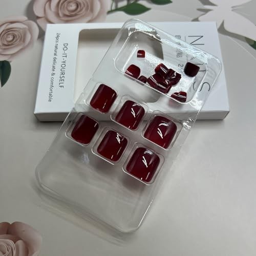 Burgundy Press On Toenails Glossy Short Square Fake Toe Nails Solid Color Red3