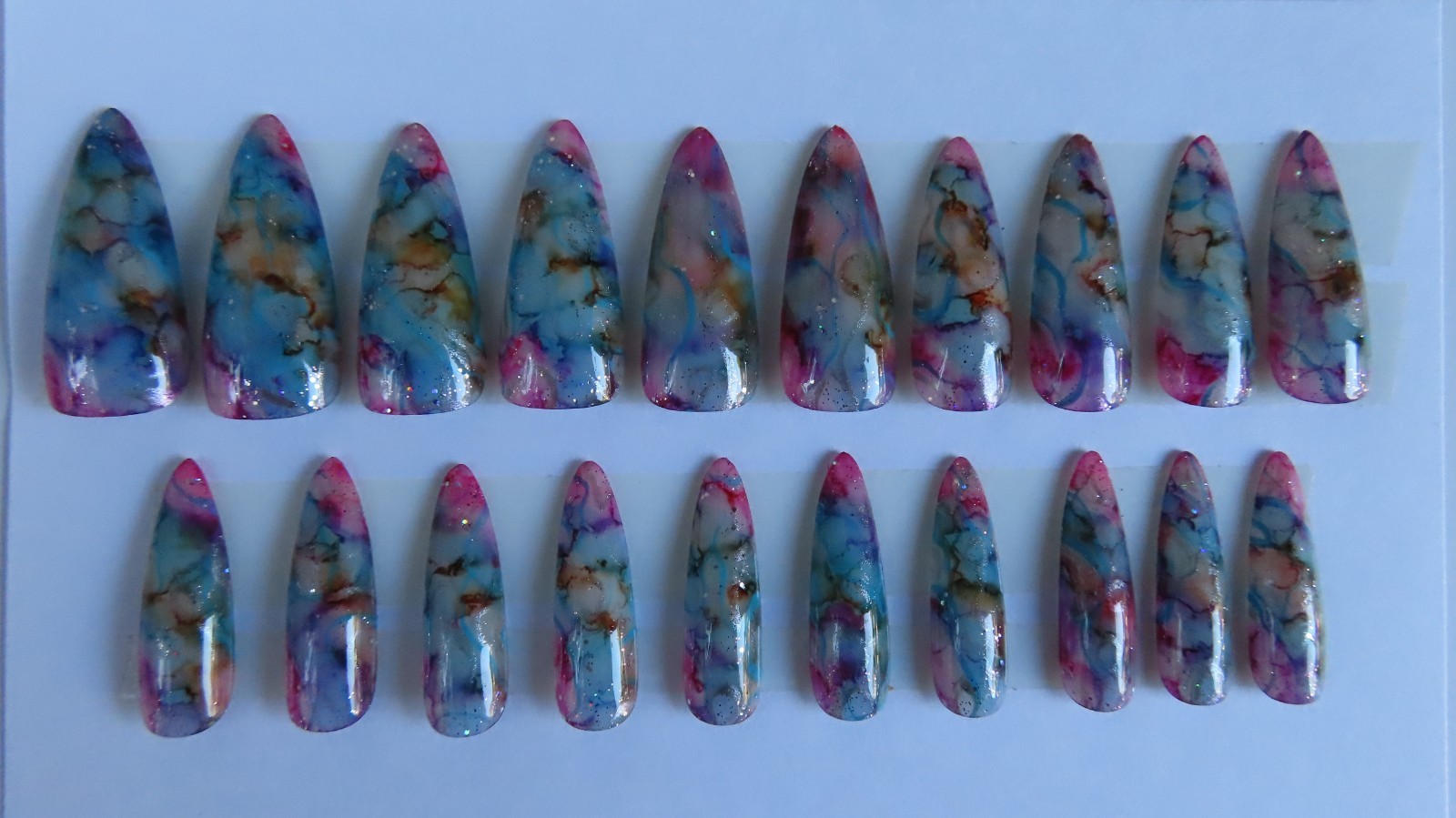 (2) Set Pink Black Silver Leopard | Multi Color Ink Marble Almond Press-On Nails