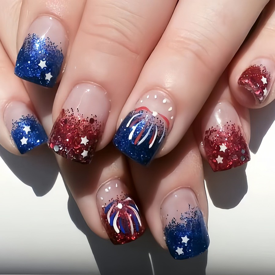 48pcs-4th of July Press on Nails with Glitter, Stars and Fireworks, Short Square