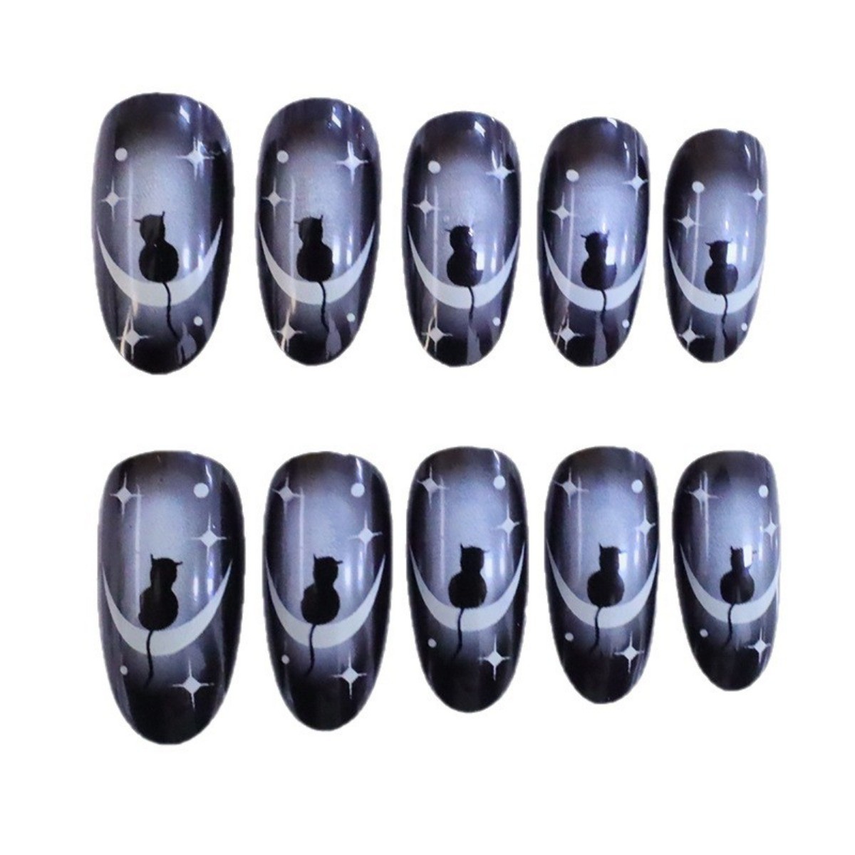 48pcs Almond Press on Nails, Black Smoke Cat Moon Star Gothic Trend Nails