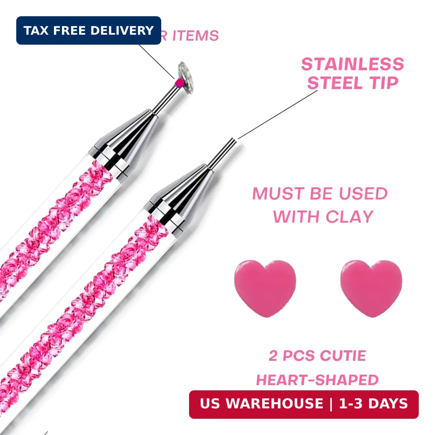 Pink Rhinestone Picker Tool Set – 2 Pcs Dual-Head Wax Pens with 2 Wax Tips and 2