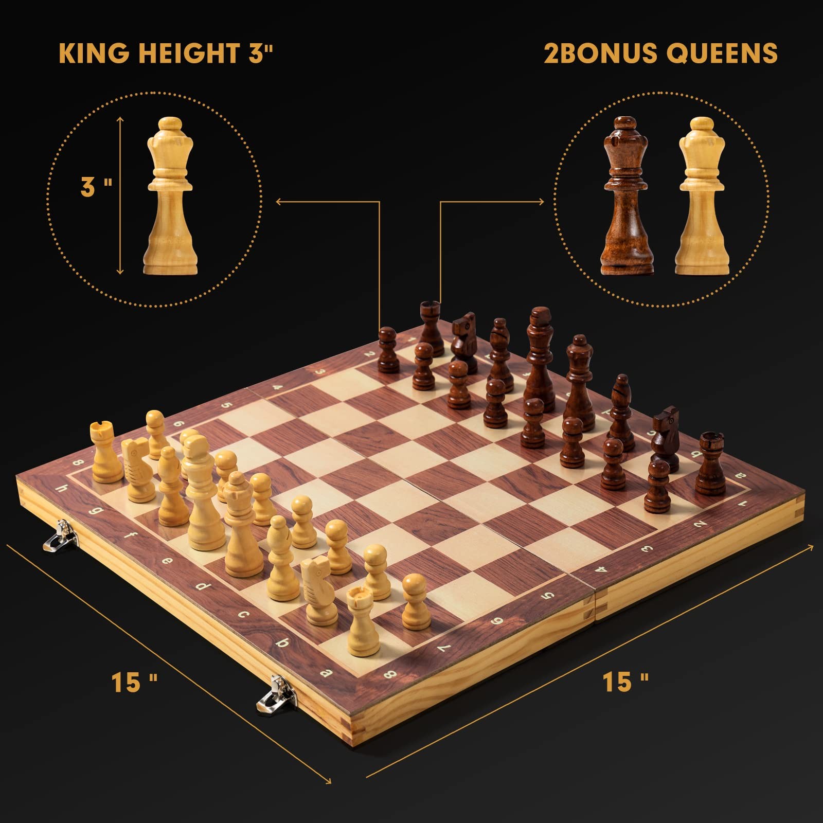 15″ x Magnetic Wooden Folding Chess Set with 2 Extra Queens, 15”, Bronze